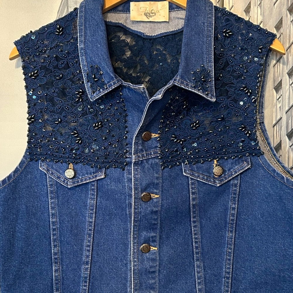 Tarra - Embellished Denim Vest in Dark Blue